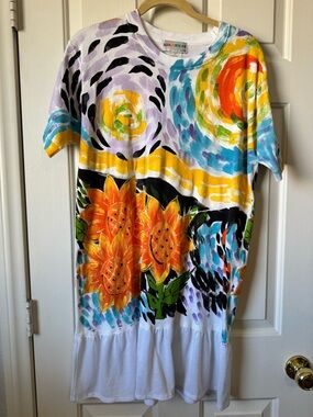 VINTAGE Kolorway Hand-Painted Sunflower Tee Dress in White & Orange